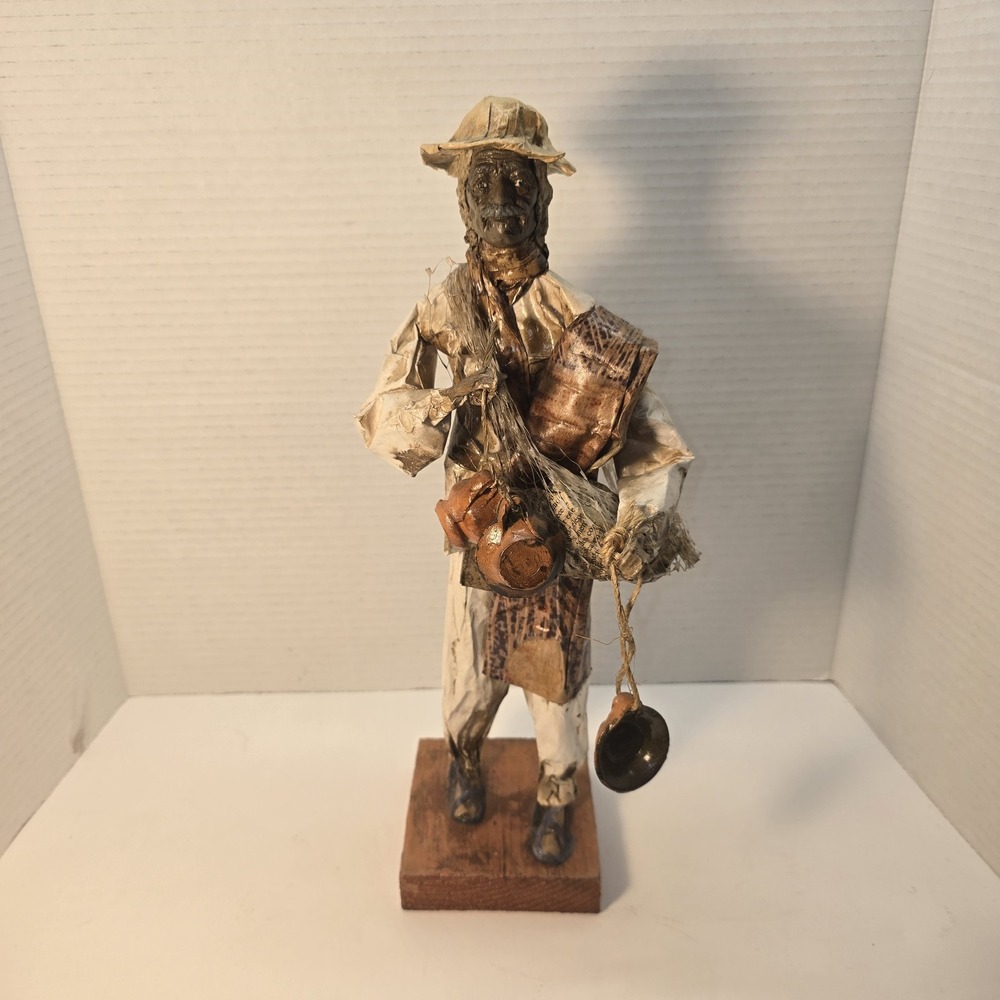 Vintage Man With Fishine Net Figurine Paper Mache Folk Art Sculpture 13 Inches